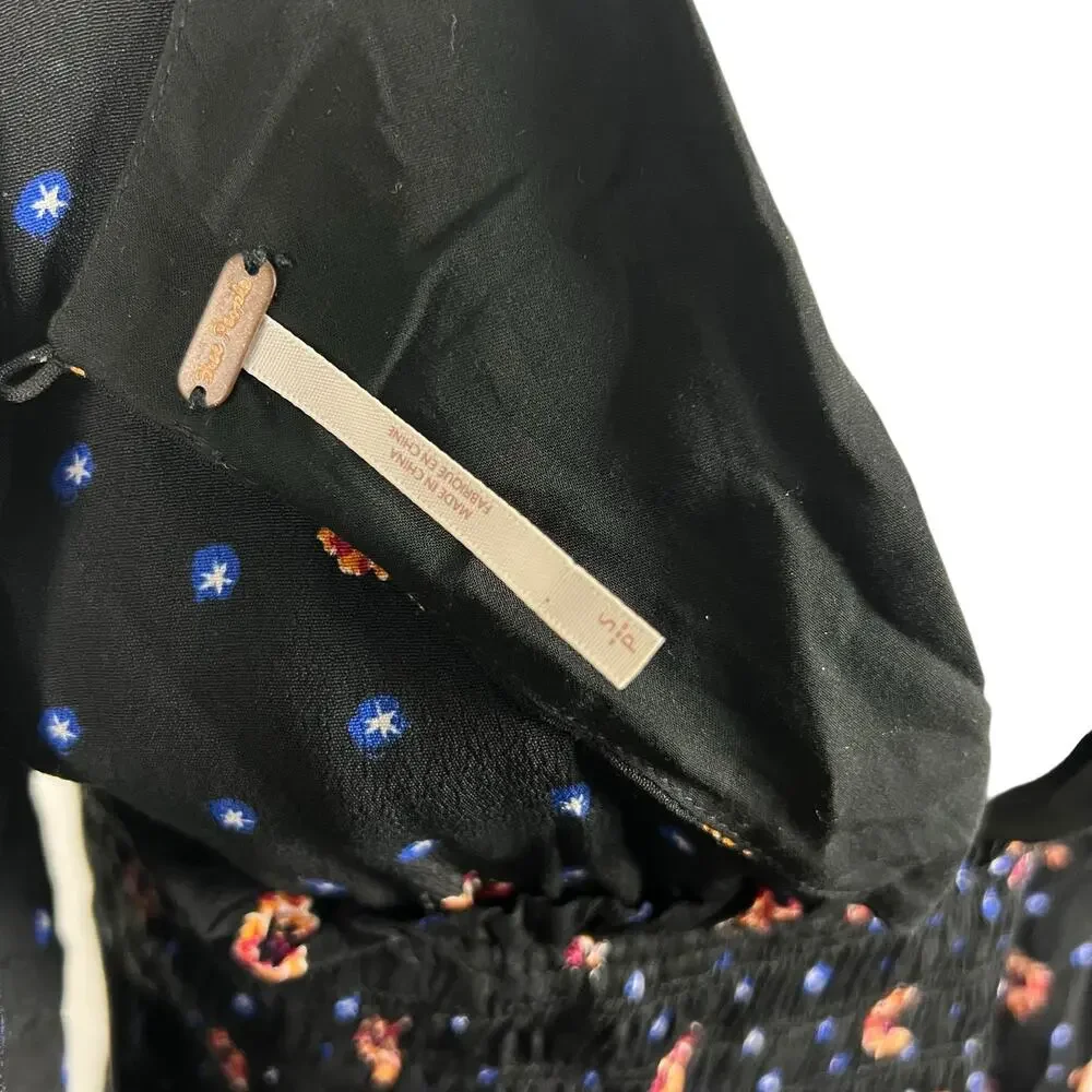 Free People Two Faces Mini Dress Black Floral Smocked‎ Long Sleeve Size S